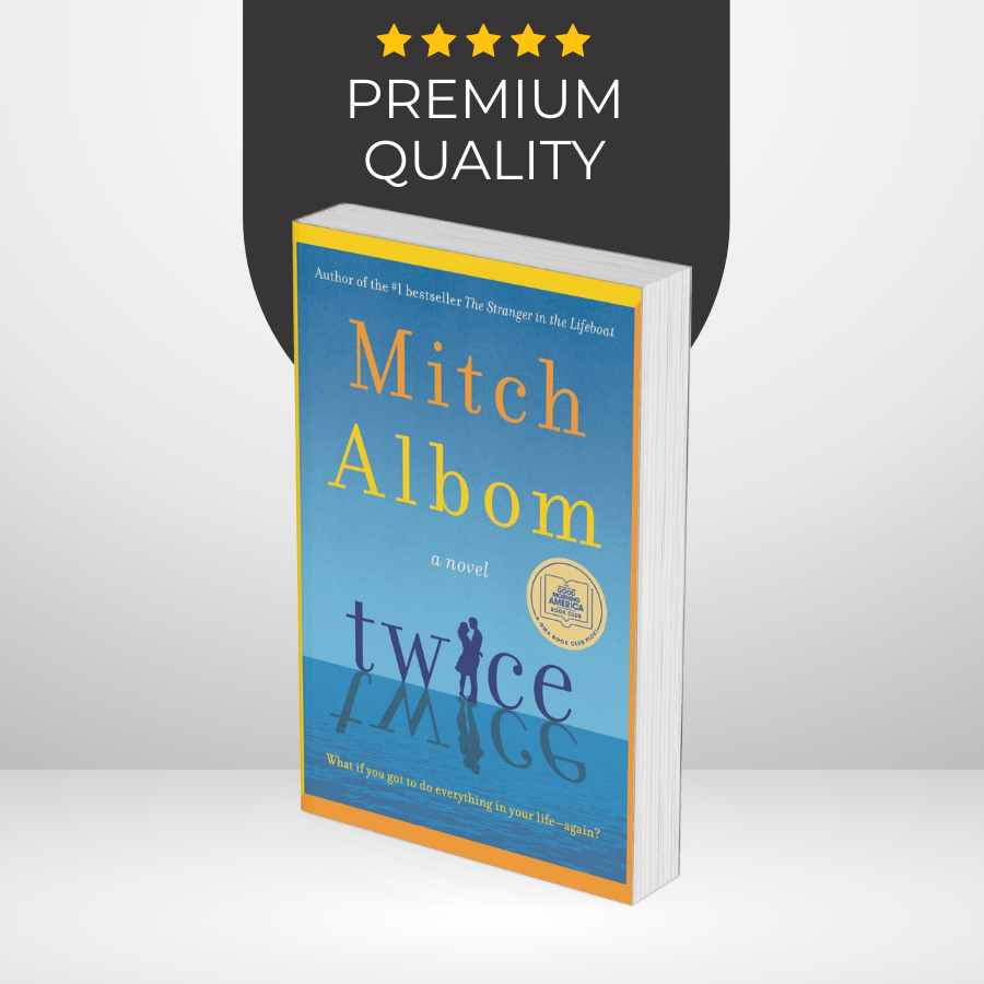 Book titled 'Twice' by Mitch Albom with a 'Premium Quality' label on a white background